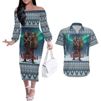 Iceland Christmas Couples Matching Off The Shoulder Long Sleeve Dress and Hawaiian Shirt Icelandic Gryla Evil Mother of Yule Lads LT19