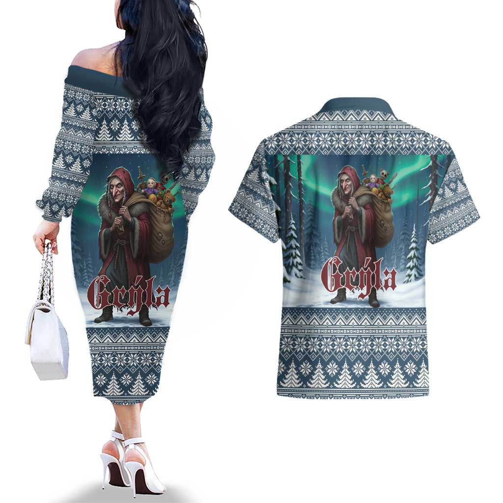 Iceland Christmas Couples Matching Off The Shoulder Long Sleeve Dress and Hawaiian Shirt Icelandic Gryla Evil Mother of Yule Lads LT19