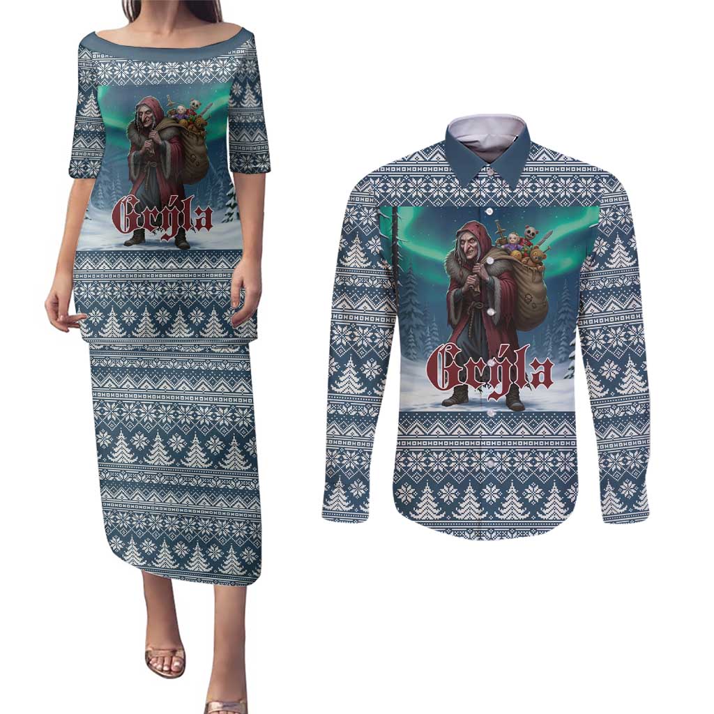 Iceland Christmas Couples Matching Puletasi and Long Sleeve Button Shirt Icelandic Gryla Evil Mother of Yule Lads LT19