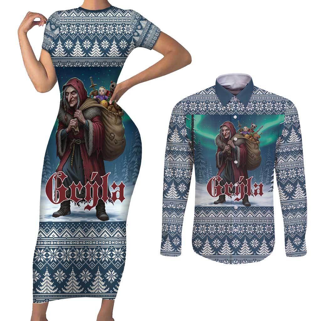 Iceland Christmas Couples Matching Short Sleeve Bodycon Dress and Long Sleeve Button Shirt Icelandic Gryla Evil Mother of Yule Lads LT19