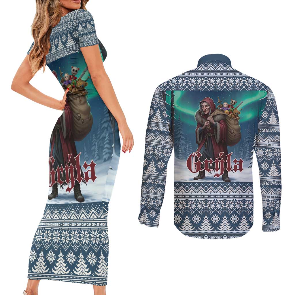 Iceland Christmas Couples Matching Short Sleeve Bodycon Dress and Long Sleeve Button Shirt Icelandic Gryla Evil Mother of Yule Lads LT19