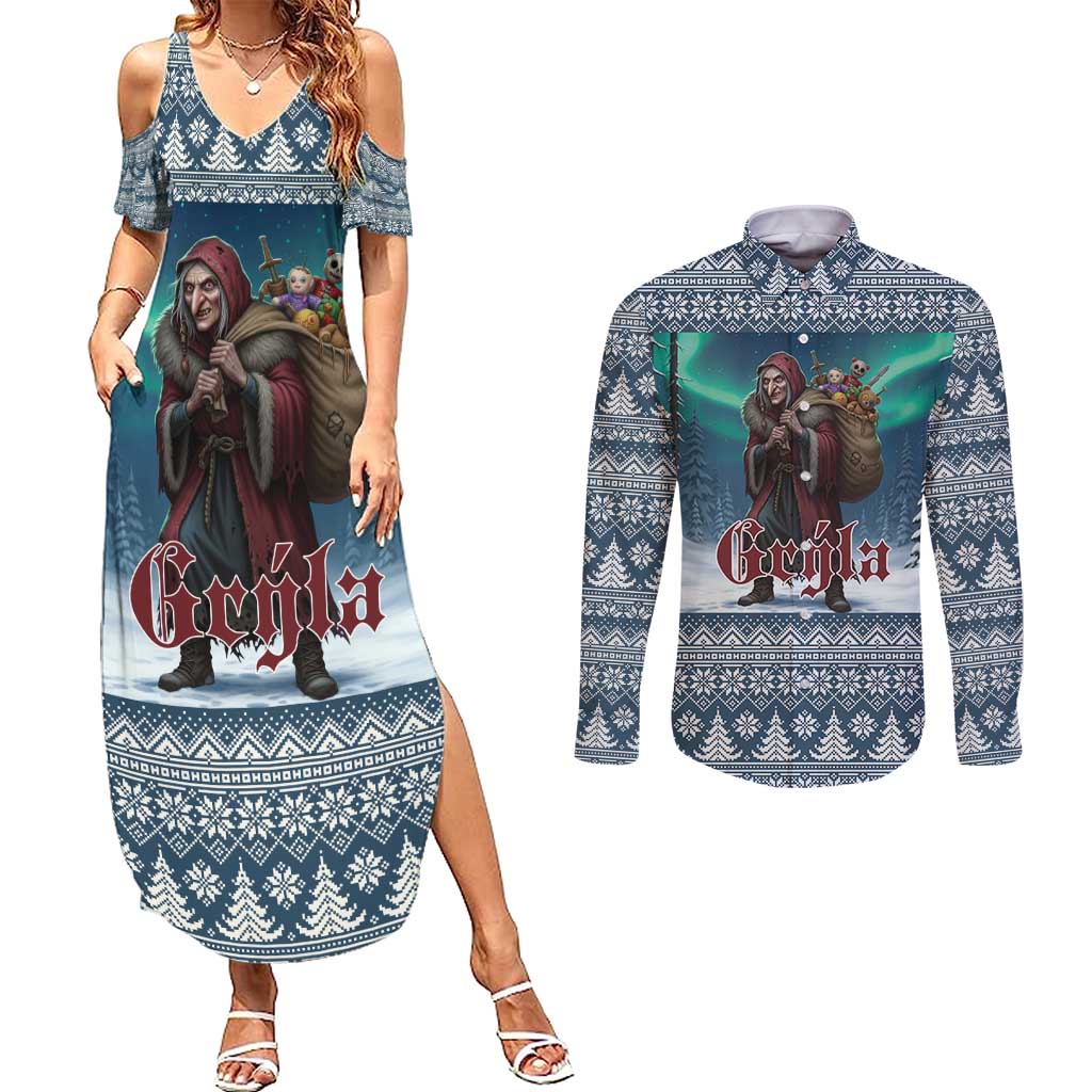 Iceland Christmas Couples Matching Summer Maxi Dress and Long Sleeve Button Shirt Icelandic Gryla Evil Mother of Yule Lads - Wonder Print Shop
