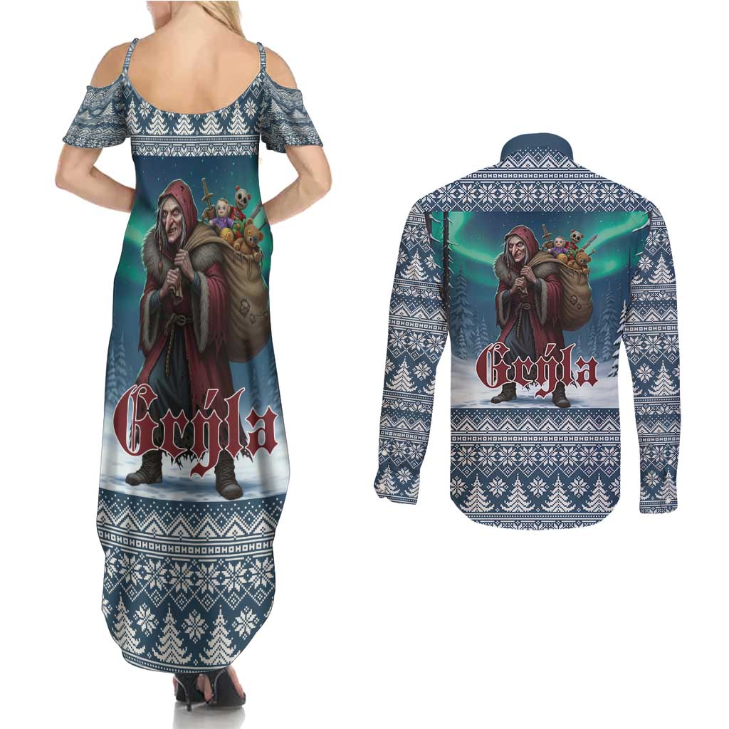 Iceland Christmas Couples Matching Summer Maxi Dress and Long Sleeve Button Shirt Icelandic Gryla Evil Mother of Yule Lads LT19