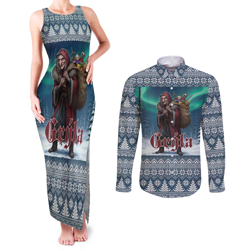Iceland Christmas Couples Matching Tank Maxi Dress and Long Sleeve Button Shirt Icelandic Gryla Evil Mother of Yule Lads - Wonder Print Shop