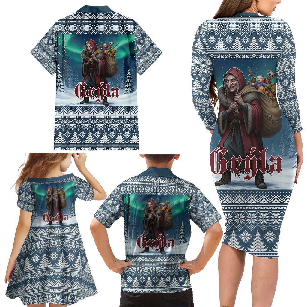 Iceland Christmas Family Matching Long Sleeve Bodycon Dress and Hawaiian Shirt Icelandic Gryla Evil Mother of Yule Lads LT19