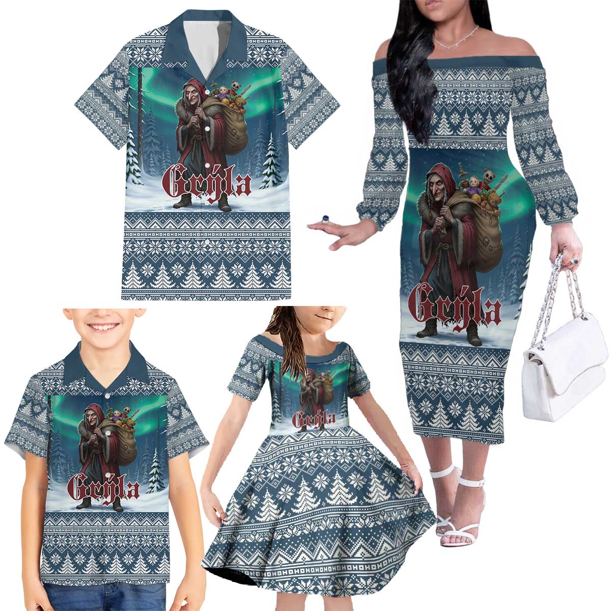 Iceland Christmas Family Matching Off The Shoulder Long Sleeve Dress and Hawaiian Shirt Icelandic Gryla Evil Mother of Yule Lads LT19