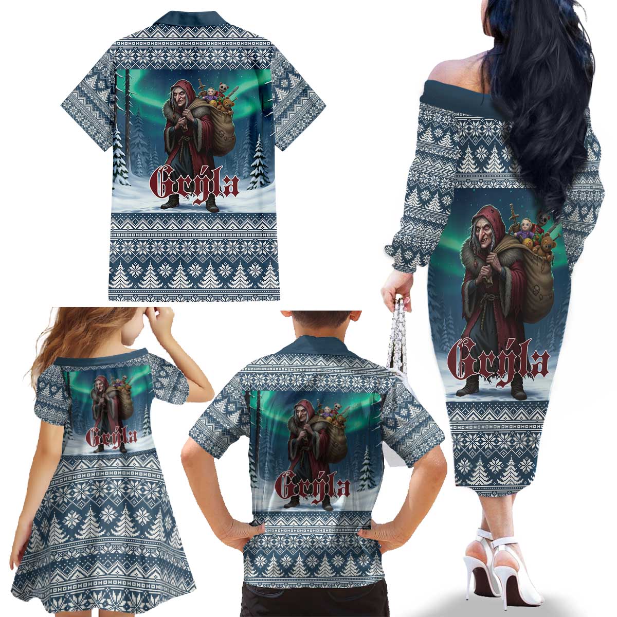 Iceland Christmas Family Matching Off The Shoulder Long Sleeve Dress and Hawaiian Shirt Icelandic Gryla Evil Mother of Yule Lads LT19