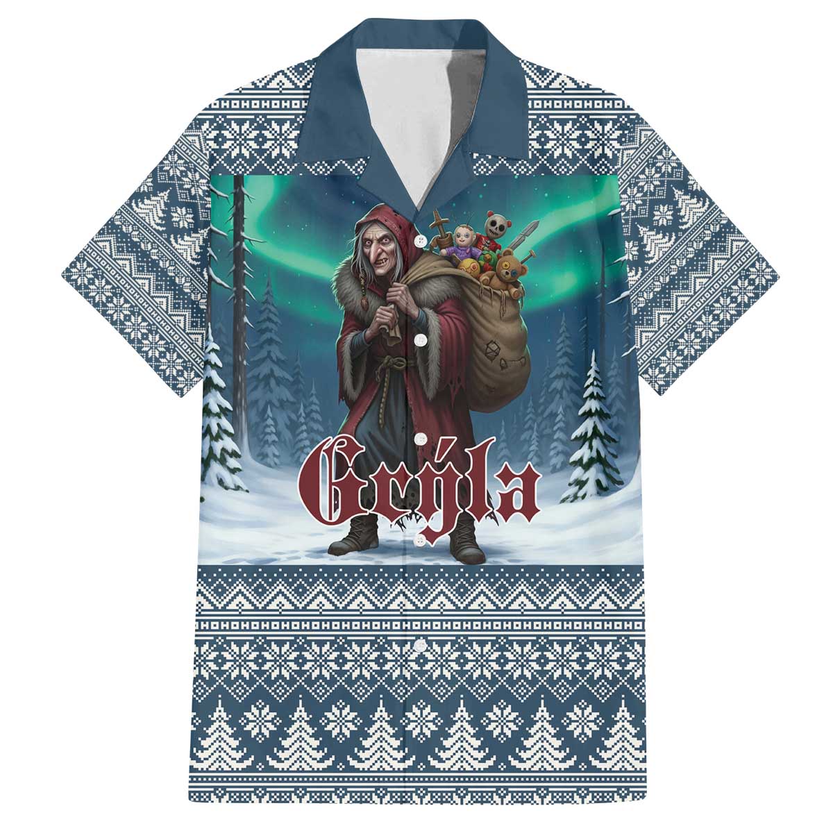 Iceland Christmas Family Matching Off The Shoulder Long Sleeve Dress and Hawaiian Shirt Icelandic Gryla Evil Mother of Yule Lads LT19