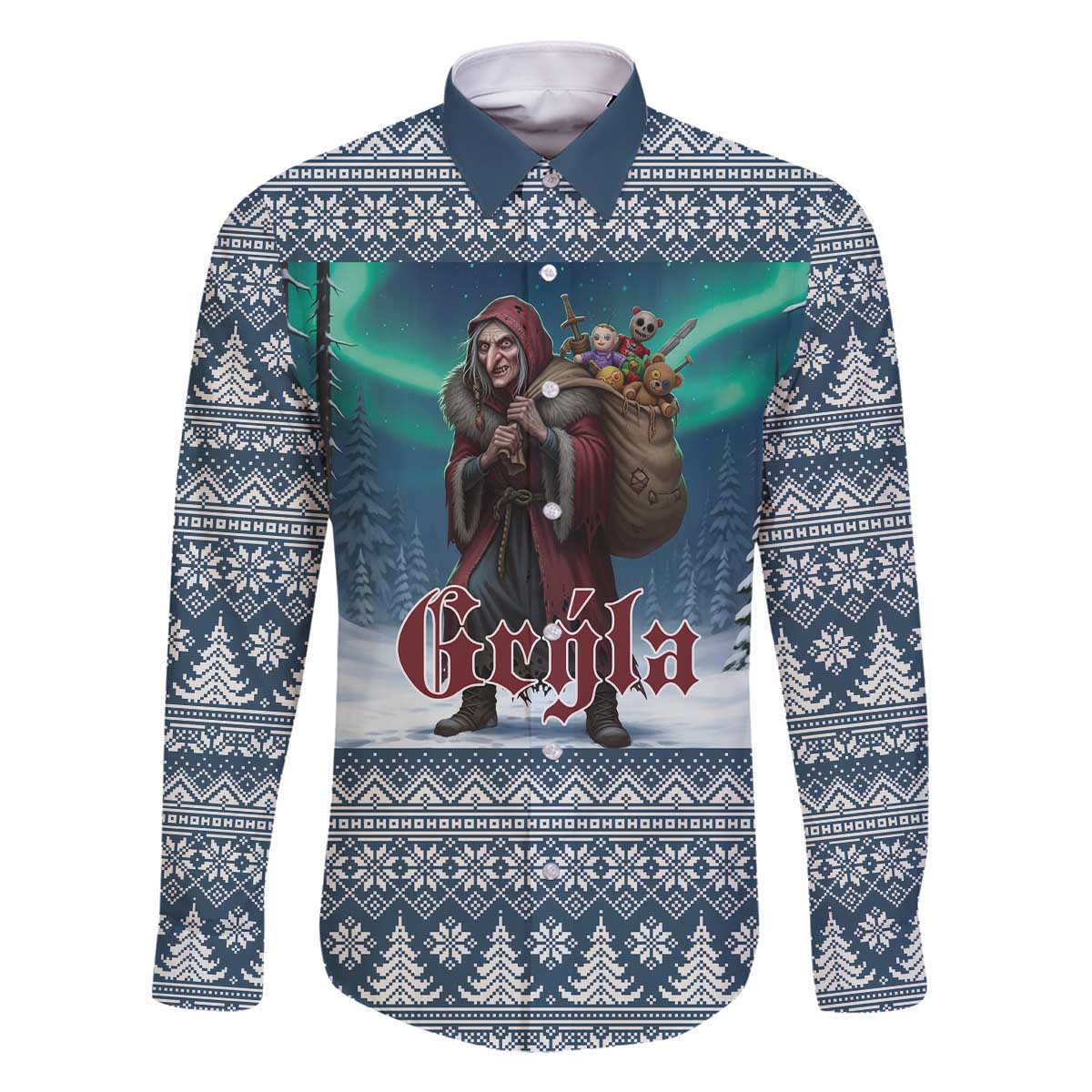 Iceland Christmas Family Matching Off The Shoulder Long Sleeve Dress and Hawaiian Shirt Icelandic Gryla Evil Mother of Yule Lads LT19