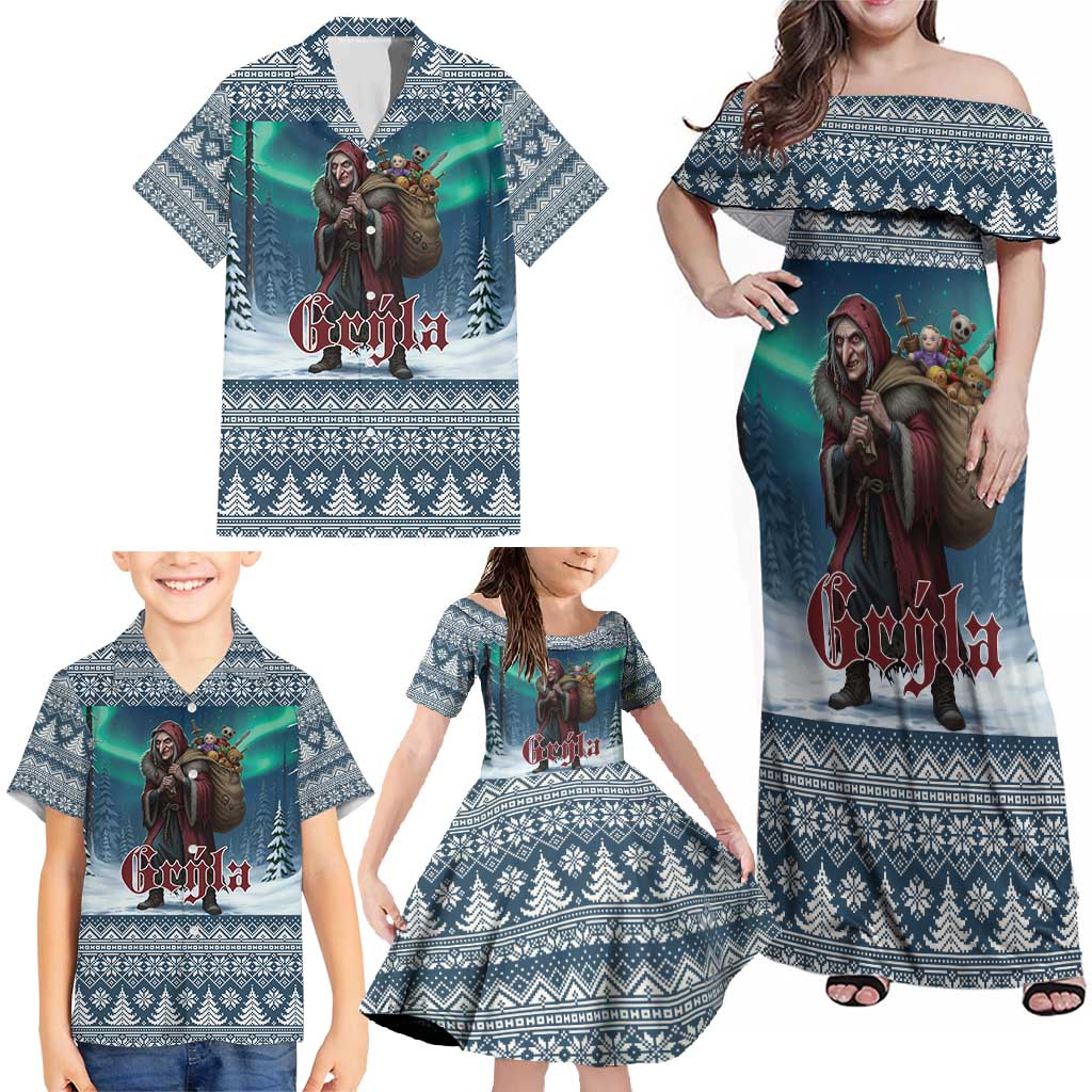 Iceland Christmas Family Matching Off Shoulder Maxi Dress and Hawaiian Shirt Icelandic Gryla Evil Mother of Yule Lads - Wonder Print Shop
