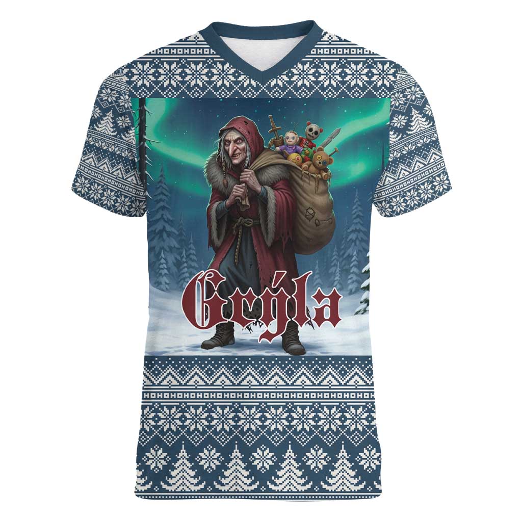 Iceland Christmas Women V-Neck T-Shirt Icelandic Gryla Evil Mother of Yule Lads LT19