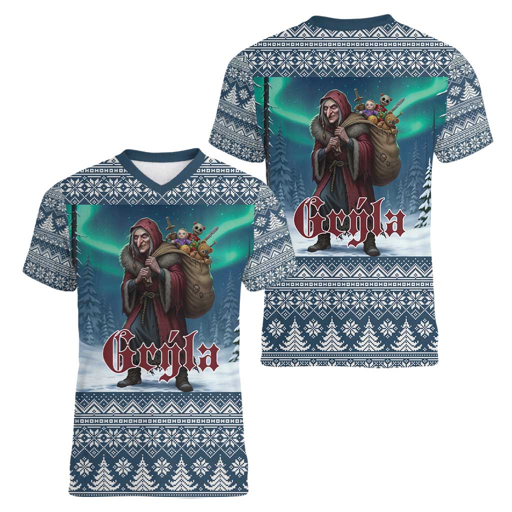 Iceland Christmas Women V-Neck T-Shirt Icelandic Gryla Evil Mother of Yule Lads LT19