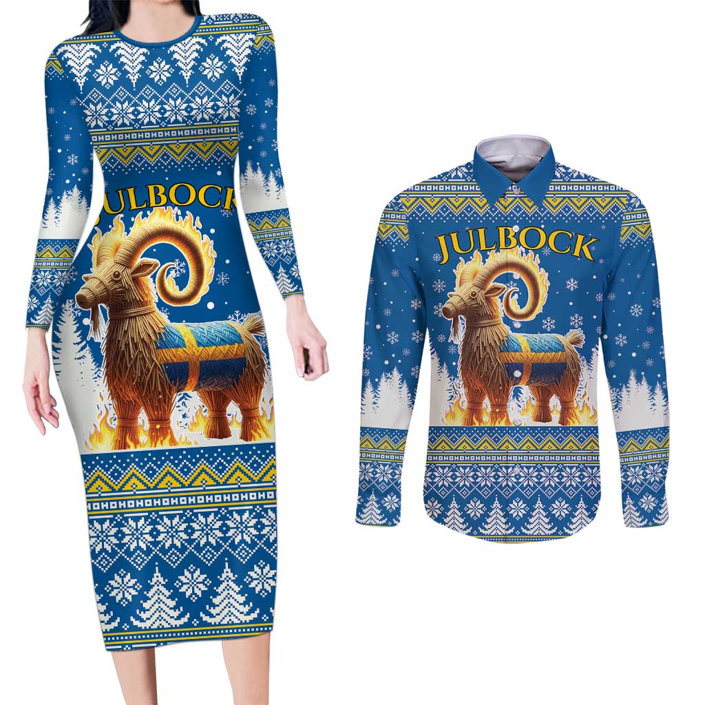 Sweden Christmas Couples Matching Long Sleeve Bodycon Dress and Long Sleeve Button Shirt Julbock Yule Goat LT19