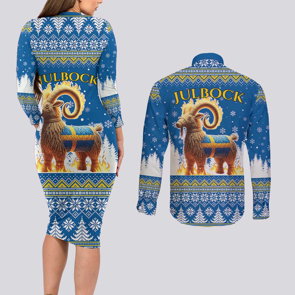 Sweden Christmas Couples Matching Long Sleeve Bodycon Dress and Long Sleeve Button Shirt Julbock Yule Goat LT19