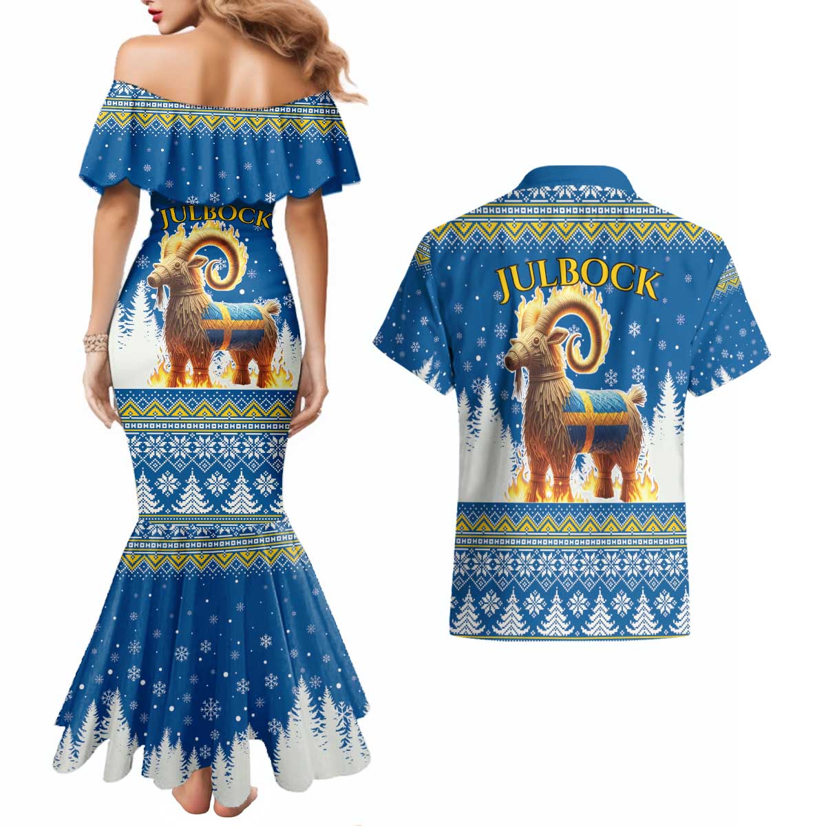 Sweden Christmas Couples Matching Mermaid Dress and Hawaiian Shirt Julbock Yule Goat LT19