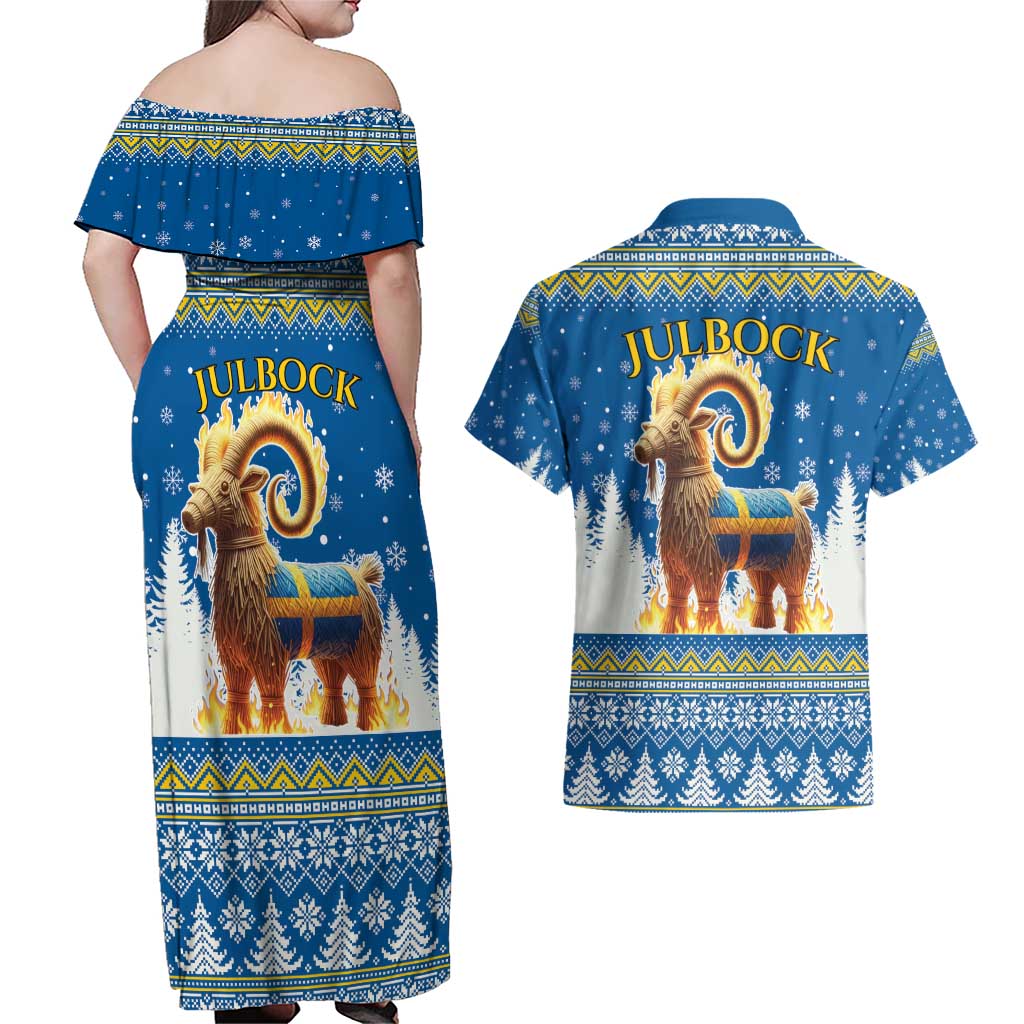 Sweden Christmas Couples Matching Off Shoulder Maxi Dress and Hawaiian Shirt Julbock Yule Goat LT19