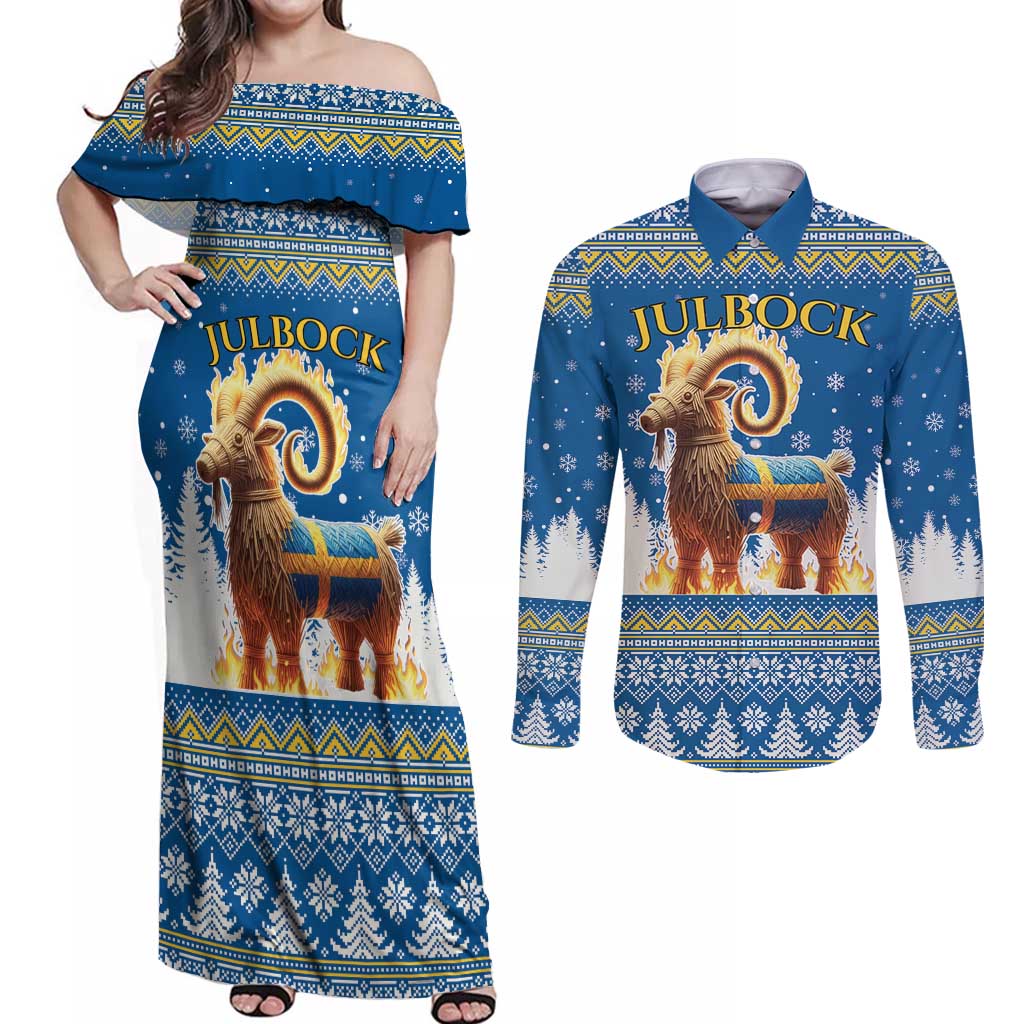 Sweden Christmas Couples Matching Off Shoulder Maxi Dress and Long Sleeve Button Shirt Julbock Yule Goat LT19