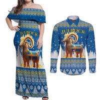 Sweden Christmas Couples Matching Off Shoulder Maxi Dress and Long Sleeve Button Shirt Julbock Yule Goat LT19