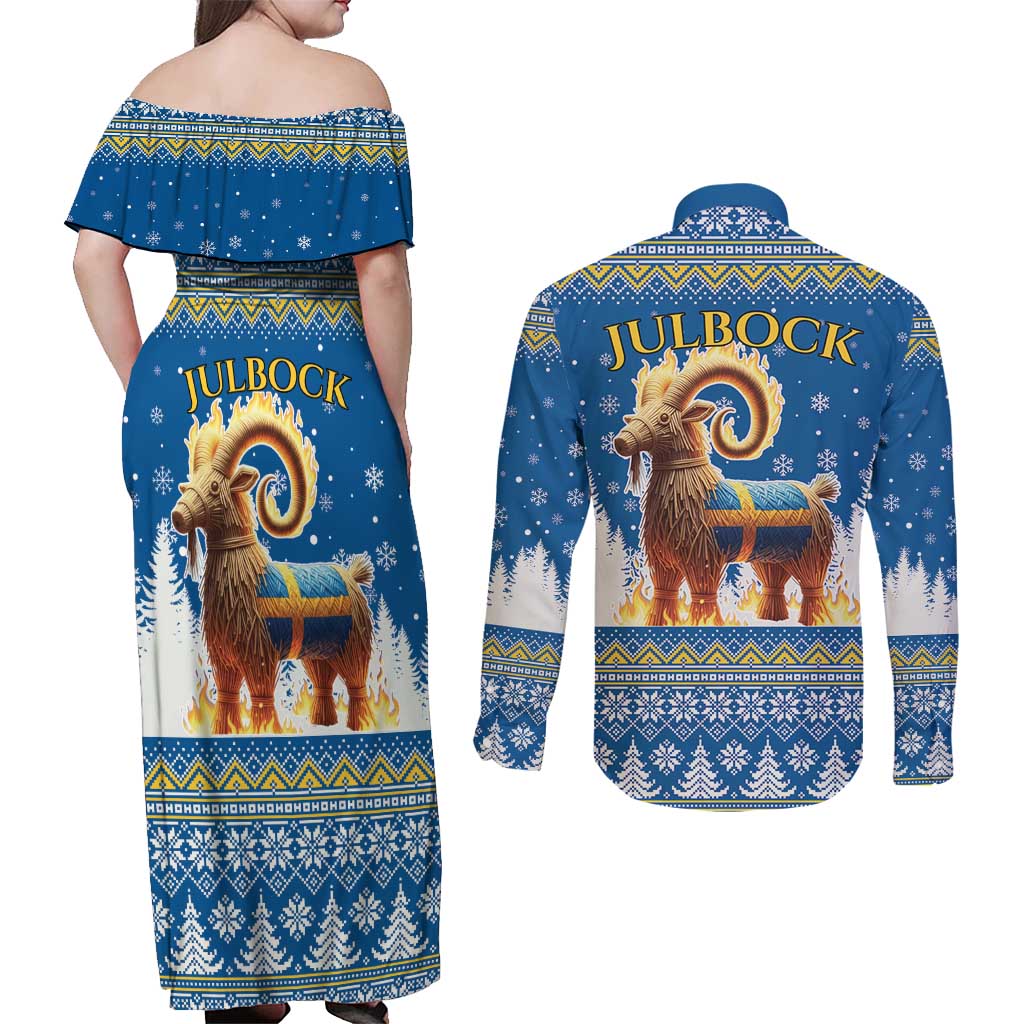 Sweden Christmas Couples Matching Off Shoulder Maxi Dress and Long Sleeve Button Shirt Julbock Yule Goat LT19
