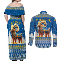 Sweden Christmas Couples Matching Off Shoulder Maxi Dress and Long Sleeve Button Shirt Julbock Yule Goat LT19