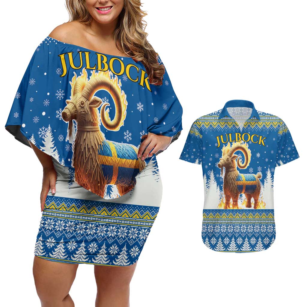 Sweden Christmas Couples Matching Off Shoulder Short Dress and Hawaiian Shirt Julbock Yule Goat LT19