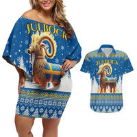 Sweden Christmas Couples Matching Off Shoulder Short Dress and Hawaiian Shirt Julbock Yule Goat LT19