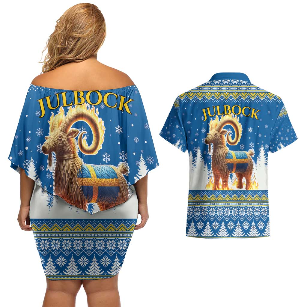 Sweden Christmas Couples Matching Off Shoulder Short Dress and Hawaiian Shirt Julbock Yule Goat LT19