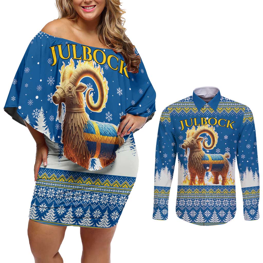 Sweden Christmas Couples Matching Off Shoulder Short Dress and Long Sleeve Button Shirt Julbock Yule Goat LT19