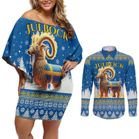 Sweden Christmas Couples Matching Off Shoulder Short Dress and Long Sleeve Button Shirt Julbock Yule Goat LT19