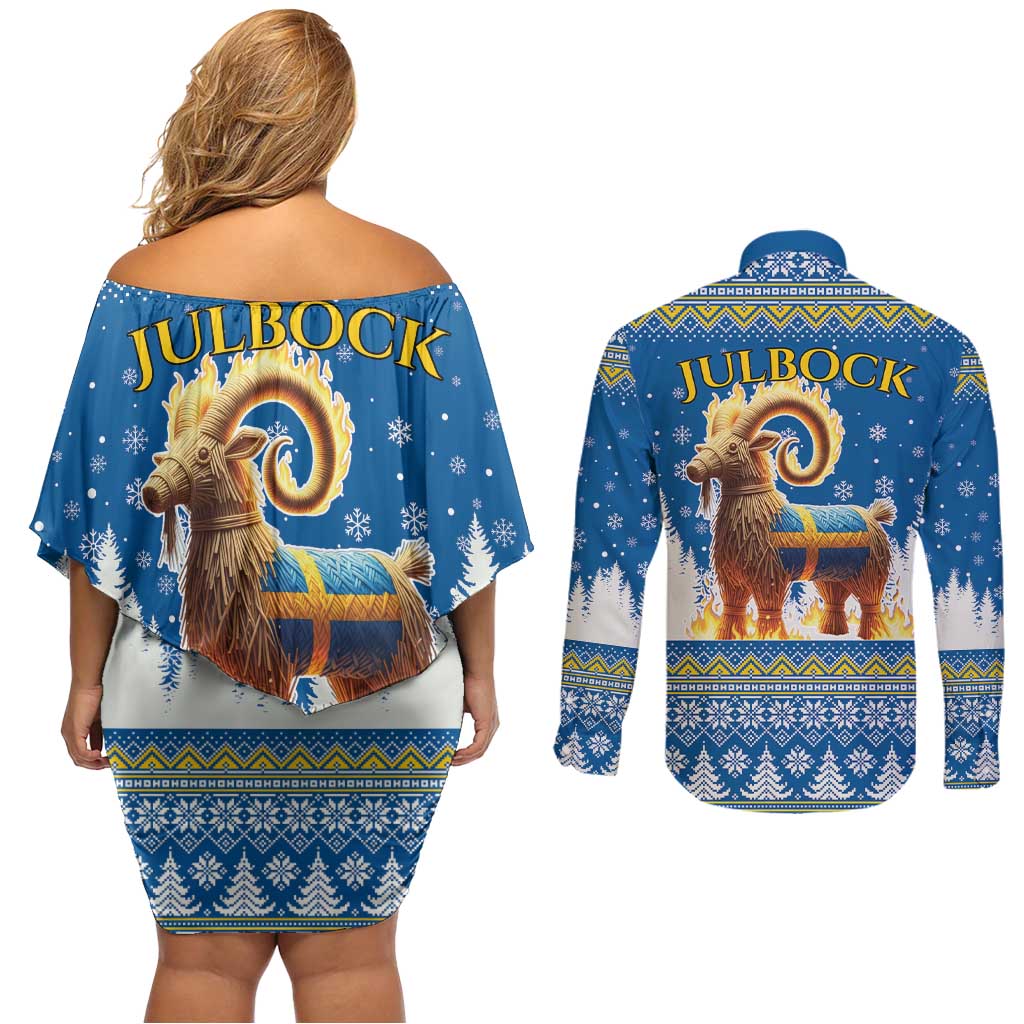 Sweden Christmas Couples Matching Off Shoulder Short Dress and Long Sleeve Button Shirt Julbock Yule Goat LT19