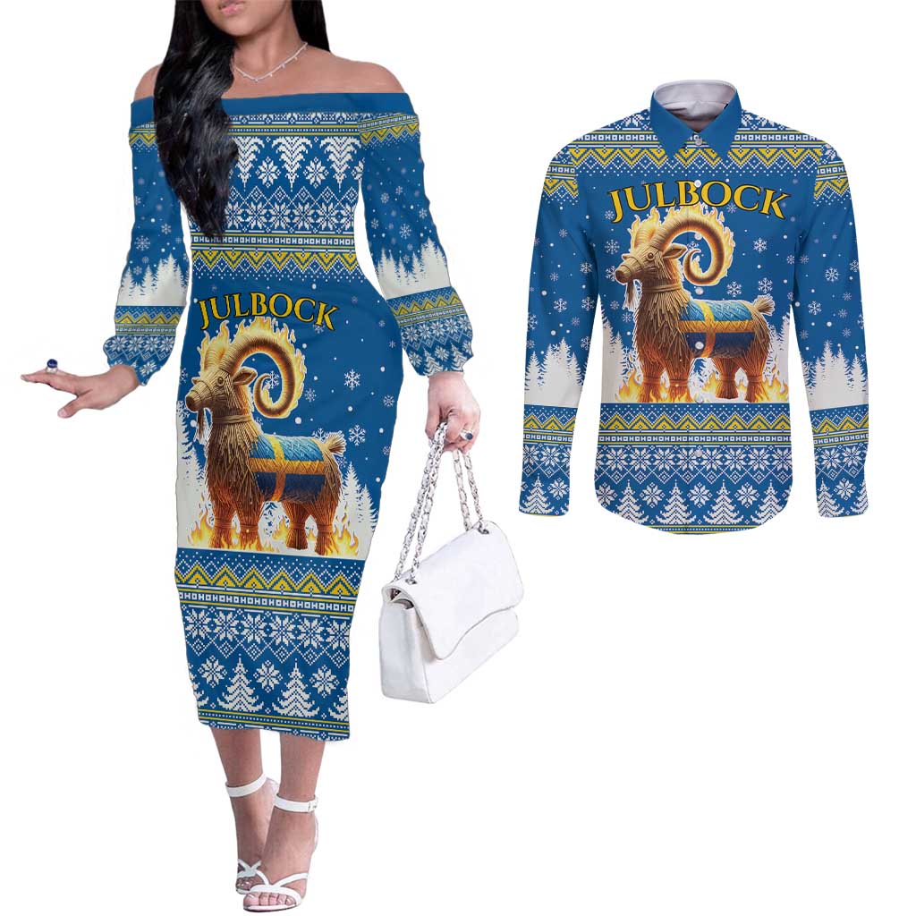 Sweden Christmas Couples Matching Off The Shoulder Long Sleeve Dress and Long Sleeve Button Shirt Julbock Yule Goat LT19
