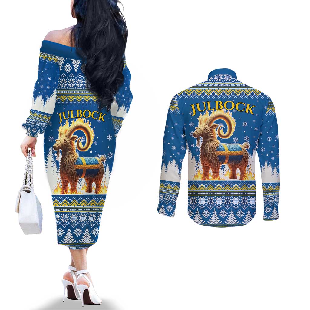 Sweden Christmas Couples Matching Off The Shoulder Long Sleeve Dress and Long Sleeve Button Shirt Julbock Yule Goat LT19