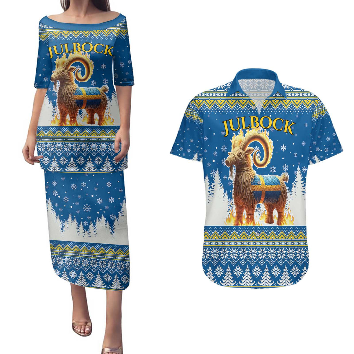 Sweden Christmas Couples Matching Puletasi and Hawaiian Shirt Julbock Yule Goat LT19