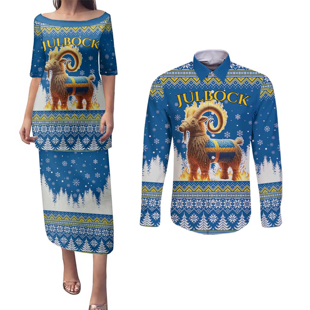 Sweden Christmas Couples Matching Puletasi and Long Sleeve Button Shirt Julbock Yule Goat LT19