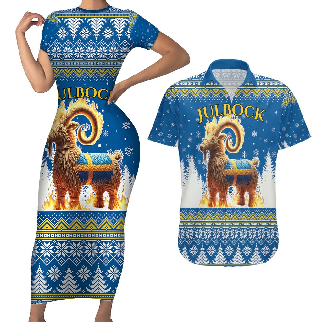 Sweden Christmas Couples Matching Short Sleeve Bodycon Dress and Hawaiian Shirt Julbock Yule Goat LT19