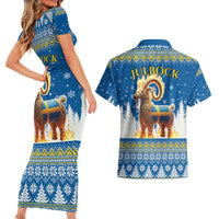 Sweden Christmas Couples Matching Short Sleeve Bodycon Dress and Hawaiian Shirt Julbock Yule Goat LT19