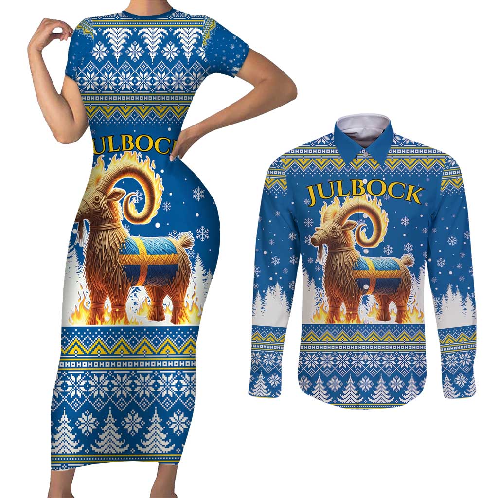 Sweden Christmas Couples Matching Short Sleeve Bodycon Dress and Long Sleeve Button Shirt Julbock Yule Goat LT19
