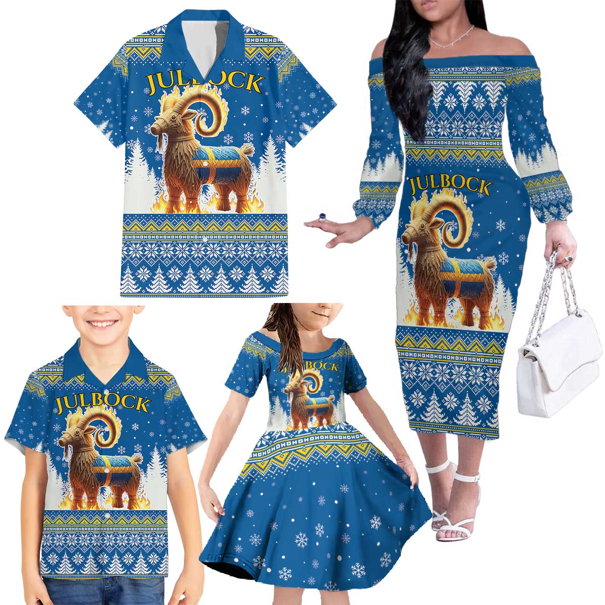 Sweden Christmas Family Matching Off The Shoulder Long Sleeve Dress and Hawaiian Shirt Julbock Yule Goat LT19