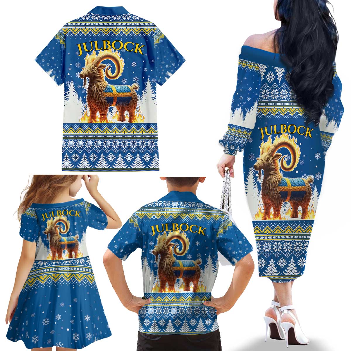 Sweden Christmas Family Matching Off The Shoulder Long Sleeve Dress and Hawaiian Shirt Julbock Yule Goat LT19