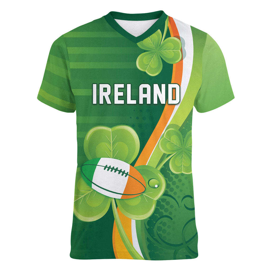 Ireland Rugby Custom Women V-Neck T-Shirt Irish Shamrock Champions