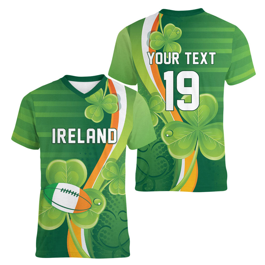 Ireland Rugby Custom Women V-Neck T-Shirt Irish Shamrock Champions