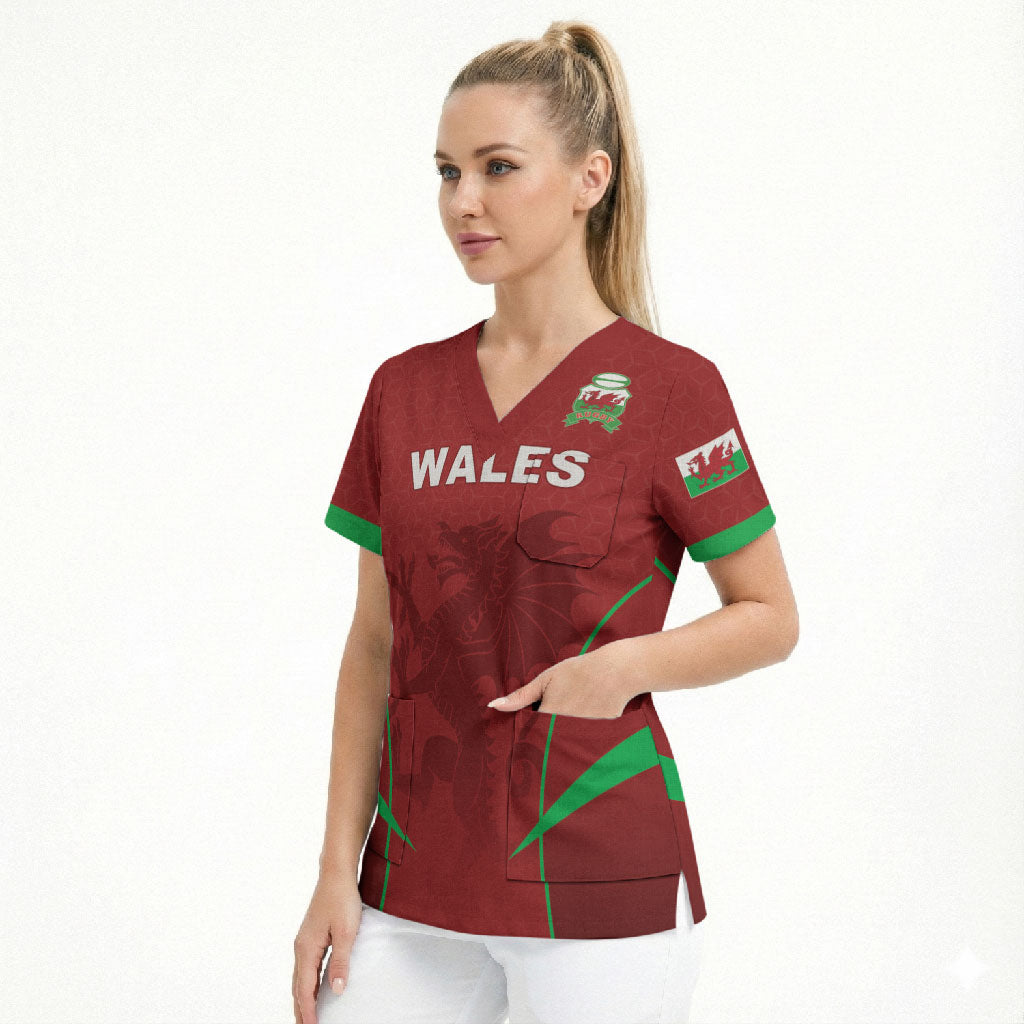 Wales Rugby Personalized Scrub Top Welsh Red Dragon Champions