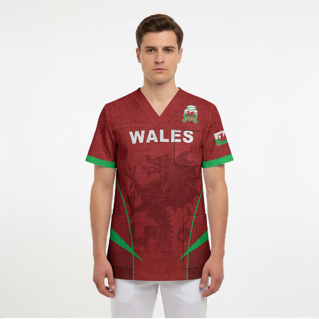 Wales Rugby Personalized Scrub Top Welsh Red Dragon Champions