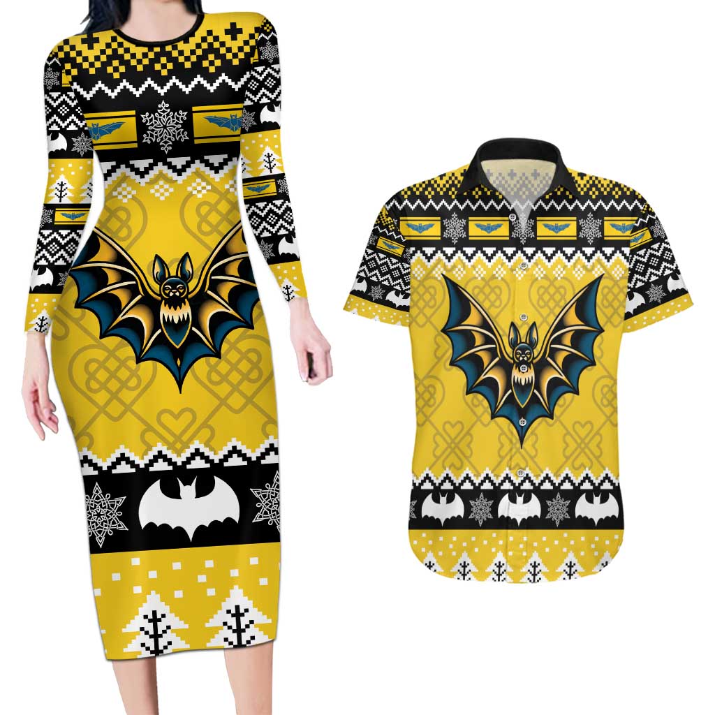 Personalized Brecknockshire Wales Christmas Couples Matching Long Sleeve Bodycon Dress and Hawaiian Shirt Welsh Celtic Bat Design - Wonder Print Shop