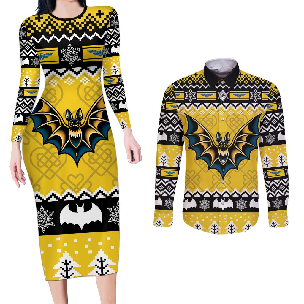 Personalized Brecknockshire Wales Christmas Couples Matching Long Sleeve Bodycon Dress and Long Sleeve Button Shirt Welsh Celtic Bat Design - Wonder Print Shop