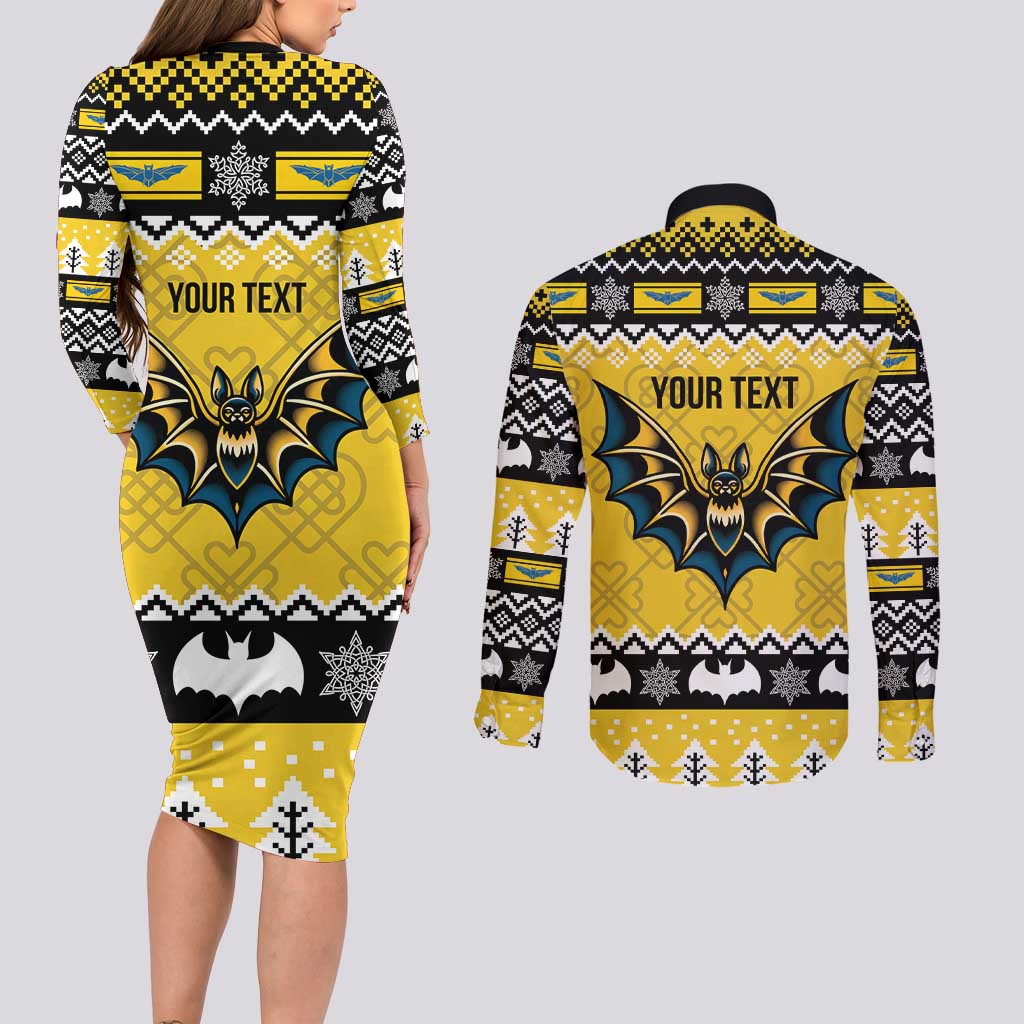 Personalized Brecknockshire Wales Christmas Couples Matching Long Sleeve Bodycon Dress and Long Sleeve Button Shirt Welsh Celtic Bat Design - Wonder Print Shop