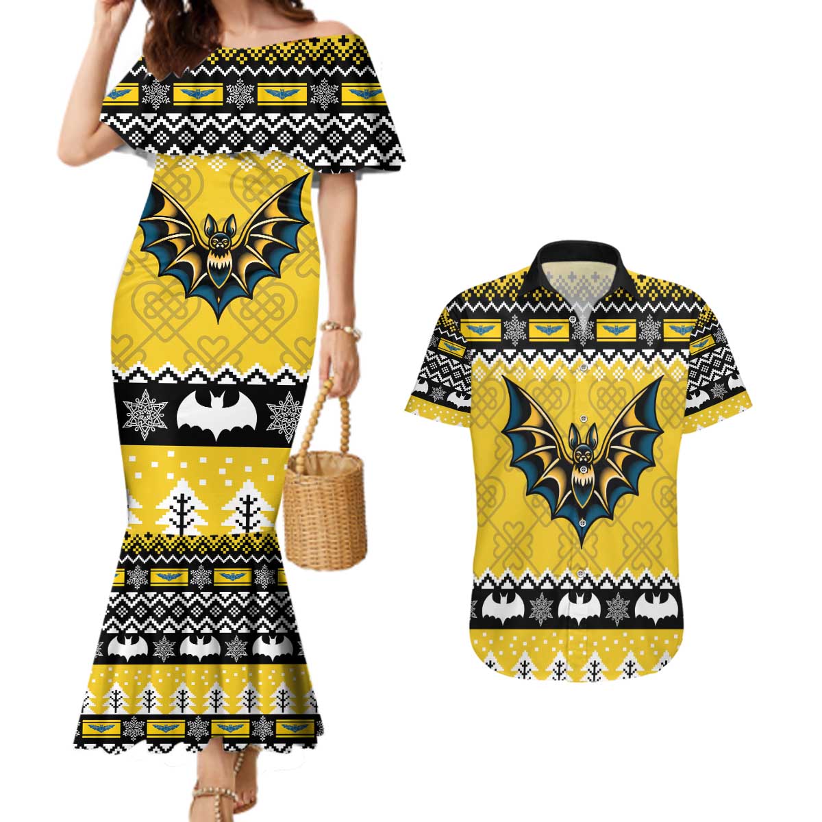 Personalized Brecknockshire Wales Christmas Couples Matching Mermaid Dress and Hawaiian Shirt Welsh Celtic Bat Design - Wonder Print Shop