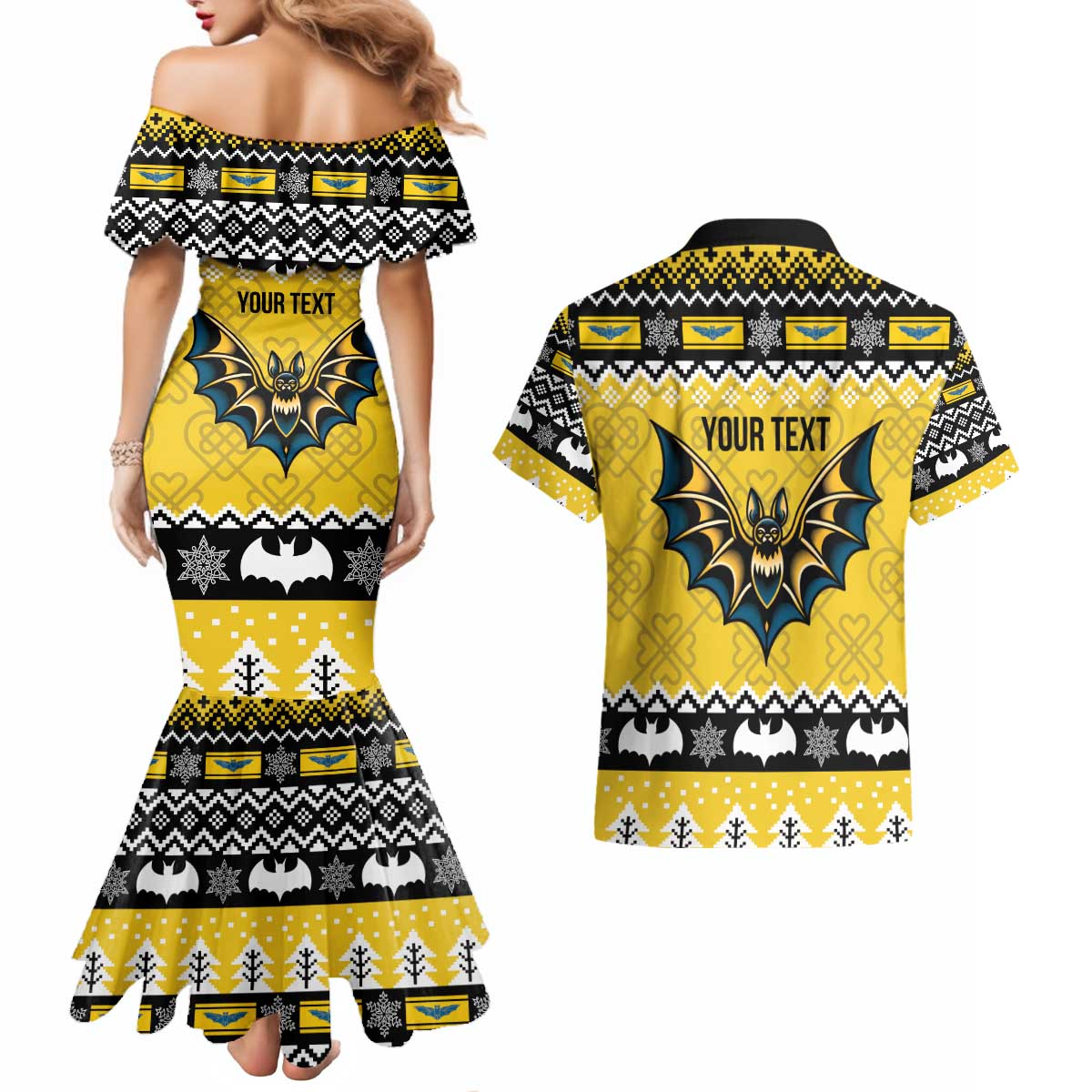 Personalized Brecknockshire Wales Christmas Couples Matching Mermaid Dress and Hawaiian Shirt Welsh Celtic Bat Design - Wonder Print Shop