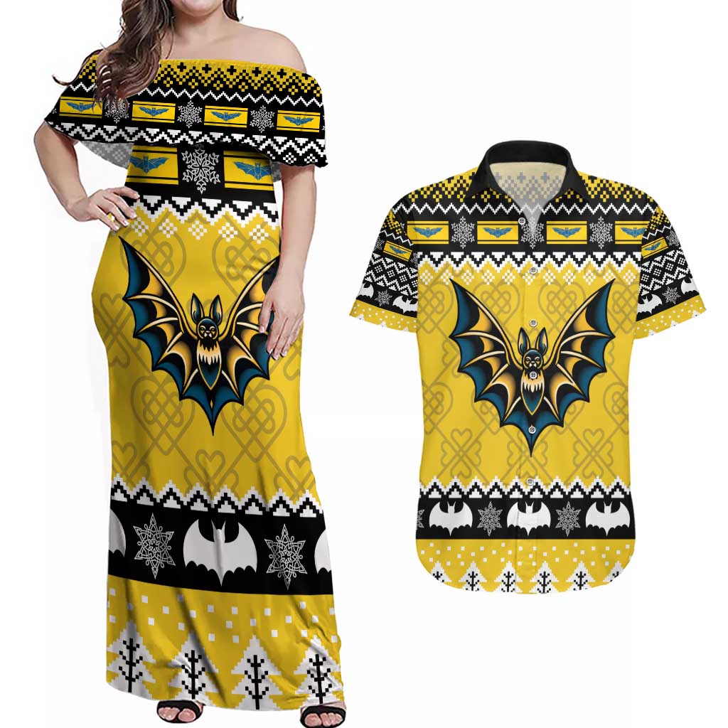 Personalized Brecknockshire Wales Christmas Couples Matching Off Shoulder Maxi Dress and Hawaiian Shirt Welsh Celtic Bat Design - Wonder Print Shop