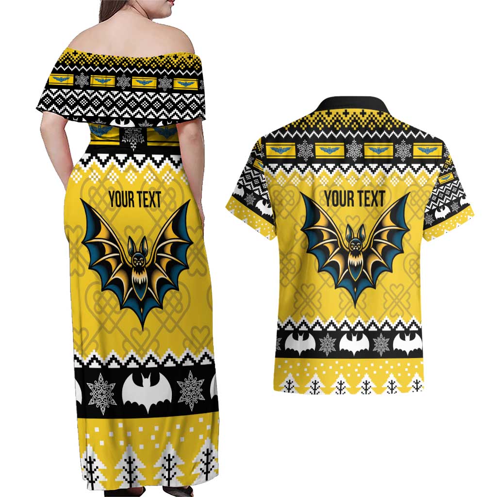 Personalized Brecknockshire Wales Christmas Couples Matching Off Shoulder Maxi Dress and Hawaiian Shirt Welsh Celtic Bat Design - Wonder Print Shop